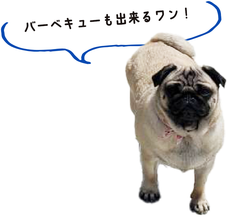 パグから「バーベキューも出来るワン!」と吹き出しが出ている。